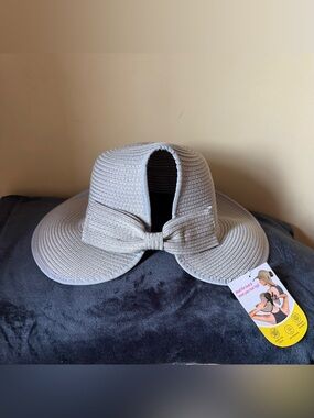 Ponyflo UPF 50+ Wide Brim Sun Hat Ponytail Opening Bow Back bluish - gray color